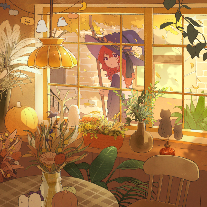 1girl, animal, autumn, autumn_leaves, bottle, braid, cat, cattail