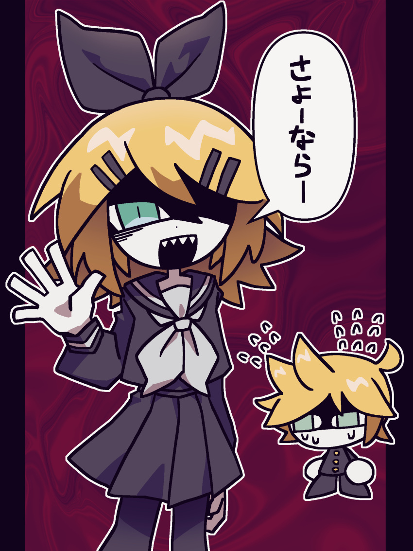 <o>_<o>, 1boy, 1girl, 9chrono0, absurdres, blonde_hair, blue_eyes, bow, brother_and_sister, chibi, hair_bow, hair_ornament, hairclip, highres, kagamine_len, kagamine_rin, long_hair, long_sleeves, looking_at_viewer, neckerchief, open_mouth, pantyhose, pleated_skirt, ponytail, school_uniform, serafuku, shaded_face, sharp_teeth, siblings, skirt, smile, sweat, teeth, translation_request, twins, vocaloid, waving