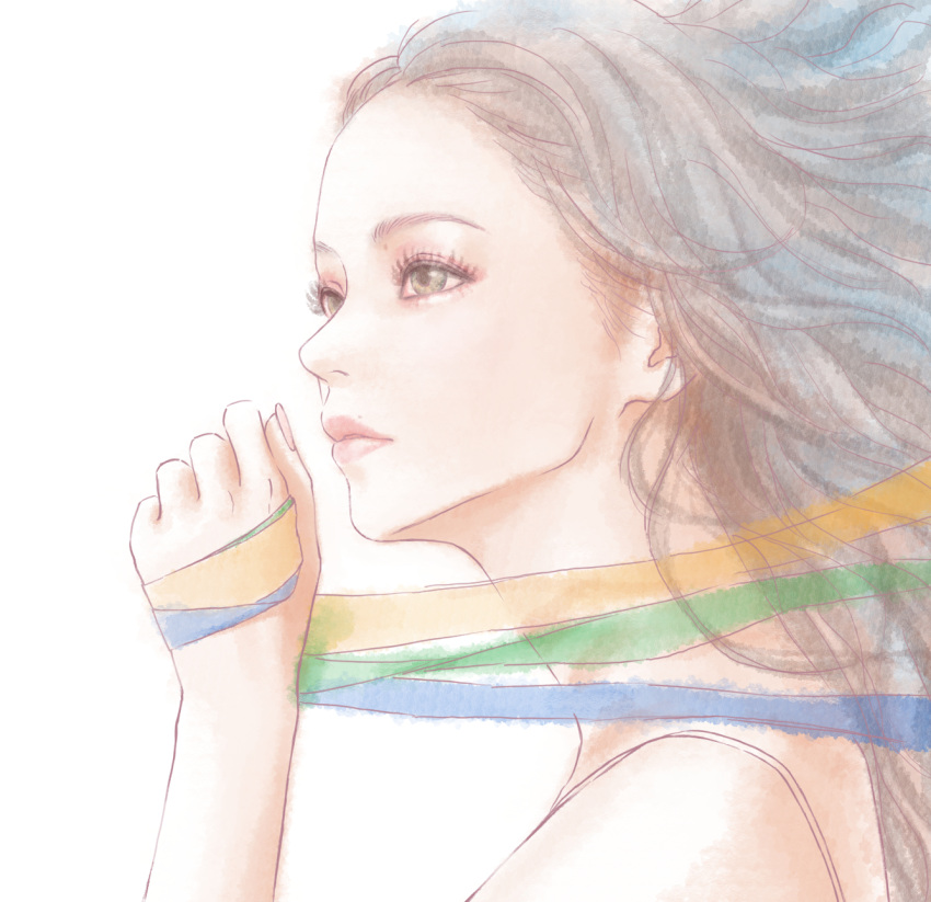 1girl, brown_hair, closed_mouth, commentary_request, eyelashes, eyeshadow, highres, holding, long_hair, looking_up, lying, makeup, mint_polkadot, namie_amuro, pink_eyeshadow, pink_lips, profile, real_life, simple_background, solo, upper_body, white_background