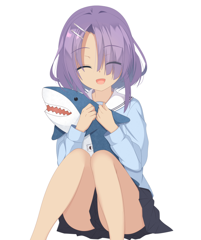 1girl, :d, ^_^, absurdres, black_skirt, blue_shirt, cafe_stella_to_shinigami_no_chou, closed_eyes