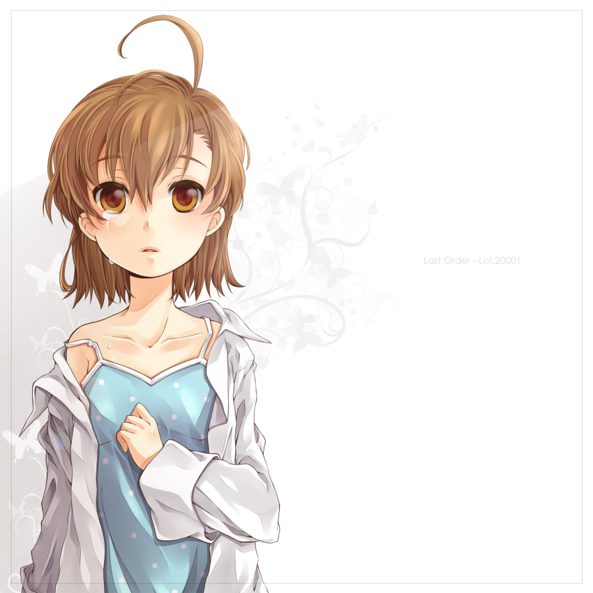 brown_eyes, brown_hair, dress_shirt, highres, last_order, meso_(goma-meso), shirt, short_hair