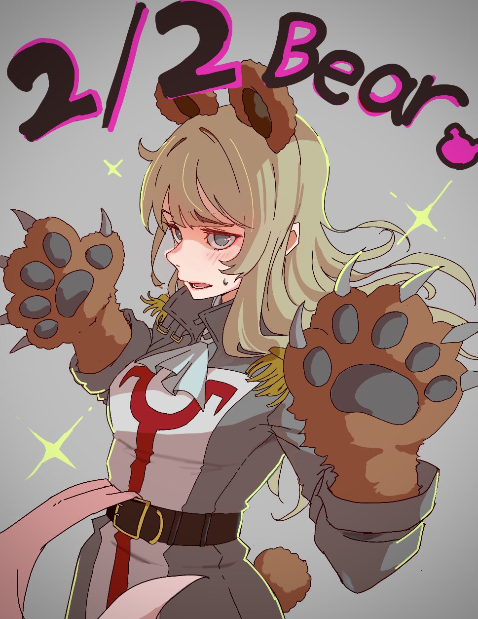 1girl, animal_ears, animal_hands, ao_mtg, ascot, bear_ears, bear_tail, belt
