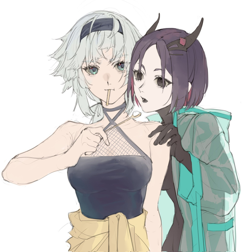 2girls, black_bodysuit, black_eyes, black_hair, bodysuit, buyaozaoqi, clothes_around_waist, colored_inner_hair