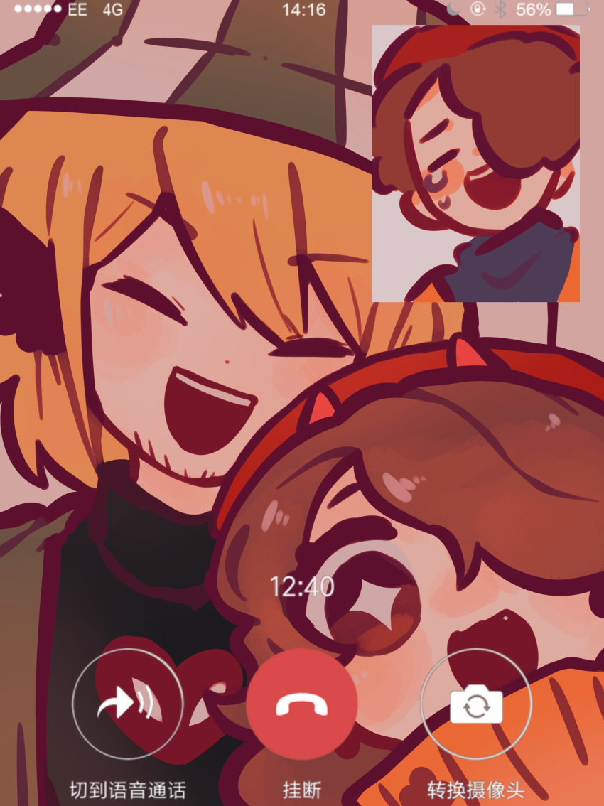 1girl, 2boys, absurdres, beanie, beard_stubble, bird_boy, blonde_hair, brown_hair