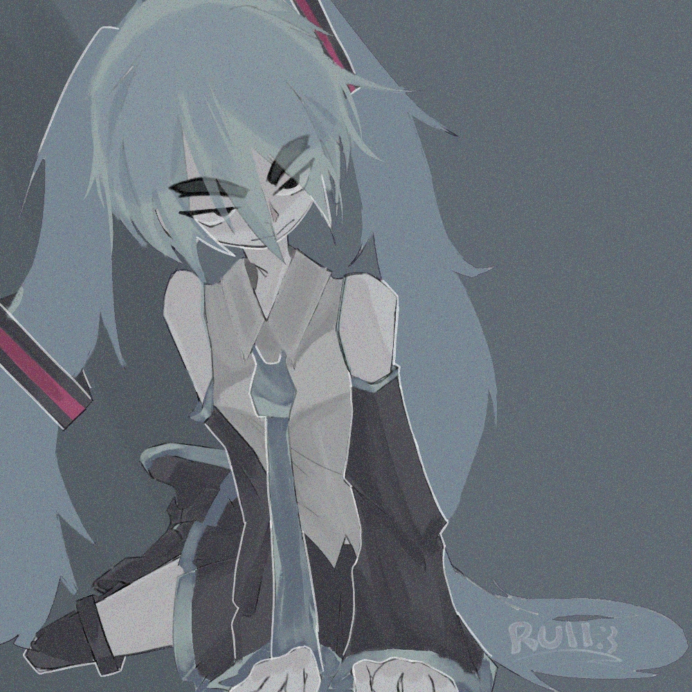 aqua_hair, artist_logo, artist_name, creepypasta, detached_sleeves, hair_ornament, hatsune_miku, non-web_source
