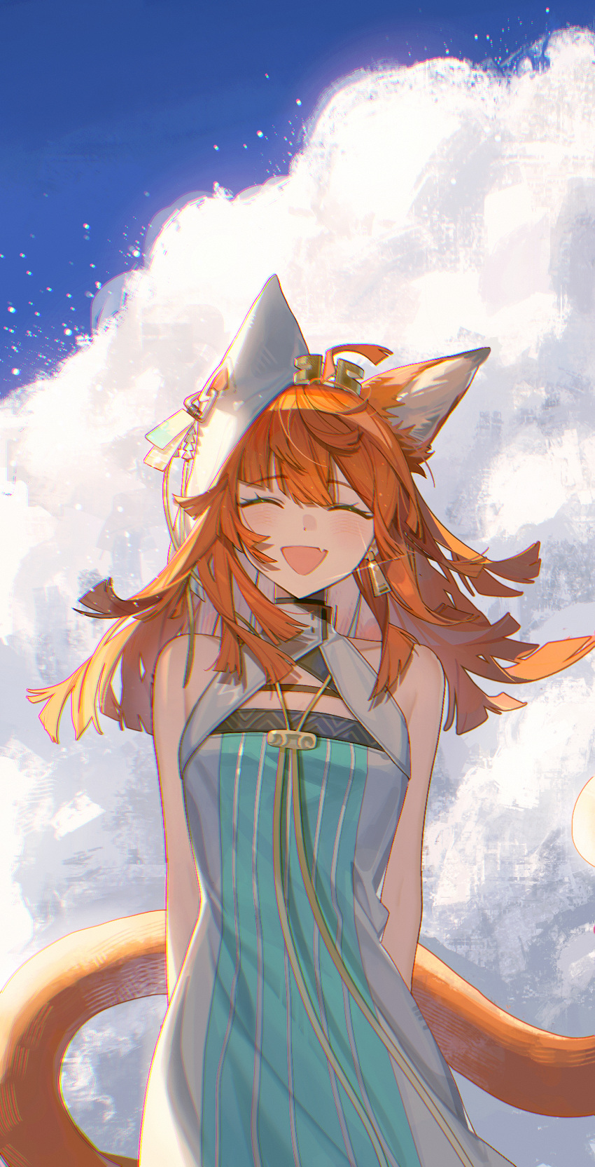 1girl, :d, ^_^, acidinjection, animal_ears, aqua_dress, arknights, arms_behind_back, bare_shoulders, blush, closed_eyes, clouds, cowboy_shot, day, dress, earrings, facing_viewer, glint, happy, highres, jewelry, light_particles, medium_hair, open_mouth, orange_hair, orange_tail, outdoors, papyrus_(arknights), sleeveless, sleeveless_dress, smile, solo, standing, sunlight, tail, white_dress, wind