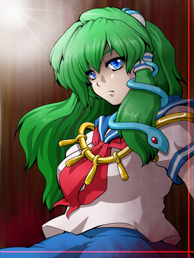 blue_eyes, frog, green_hair, hair_ornament, jewelry, kochiya_sanae, necklace, school_uniform