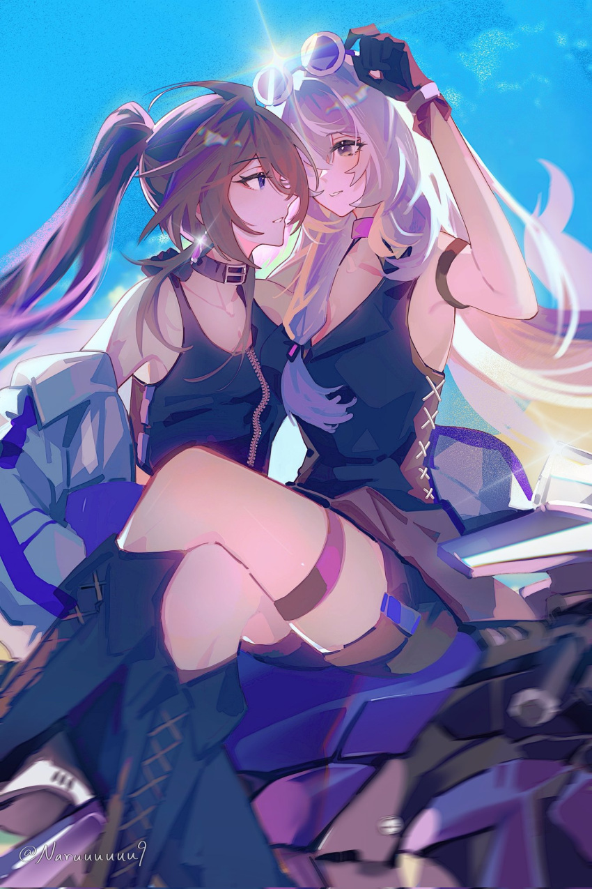 2girls, acheron_(honkai:_star_rail), ankle_boots, armband, black_armband, black_collar, black_gloves, black_shorts, black_swan_(honkai:_star_rail), black_tank_top, black_vest, blue_background, blue_sky, boots, choker, collar, crossed_legs, gloves, grey_pants, hair_over_one_eye, high_ponytail, highres, honkai:_star_rail, honkai_(series), jacket, looking_at_another, motor_vehicle, motorcycle, multicolored_eyes, multiple_girls, naruuuuuu9, pants, pink_choker, profile, purple_hair, round_eyewear, shorts, signature, sky, tank_top, thigh_strap, vest, violet_eyes, white_hair, white_jacket, yuri