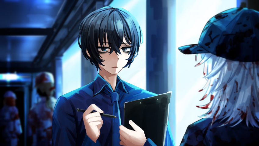 1boy, 1girl, 2others, absurdres, akantai, black_eyes, black_hair, blood