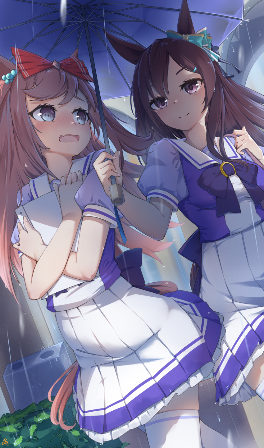 2girls, agnes_digital_(umamusume), animal_ears, blue_eyes, bow, breasts, commentary_request, hair_bow