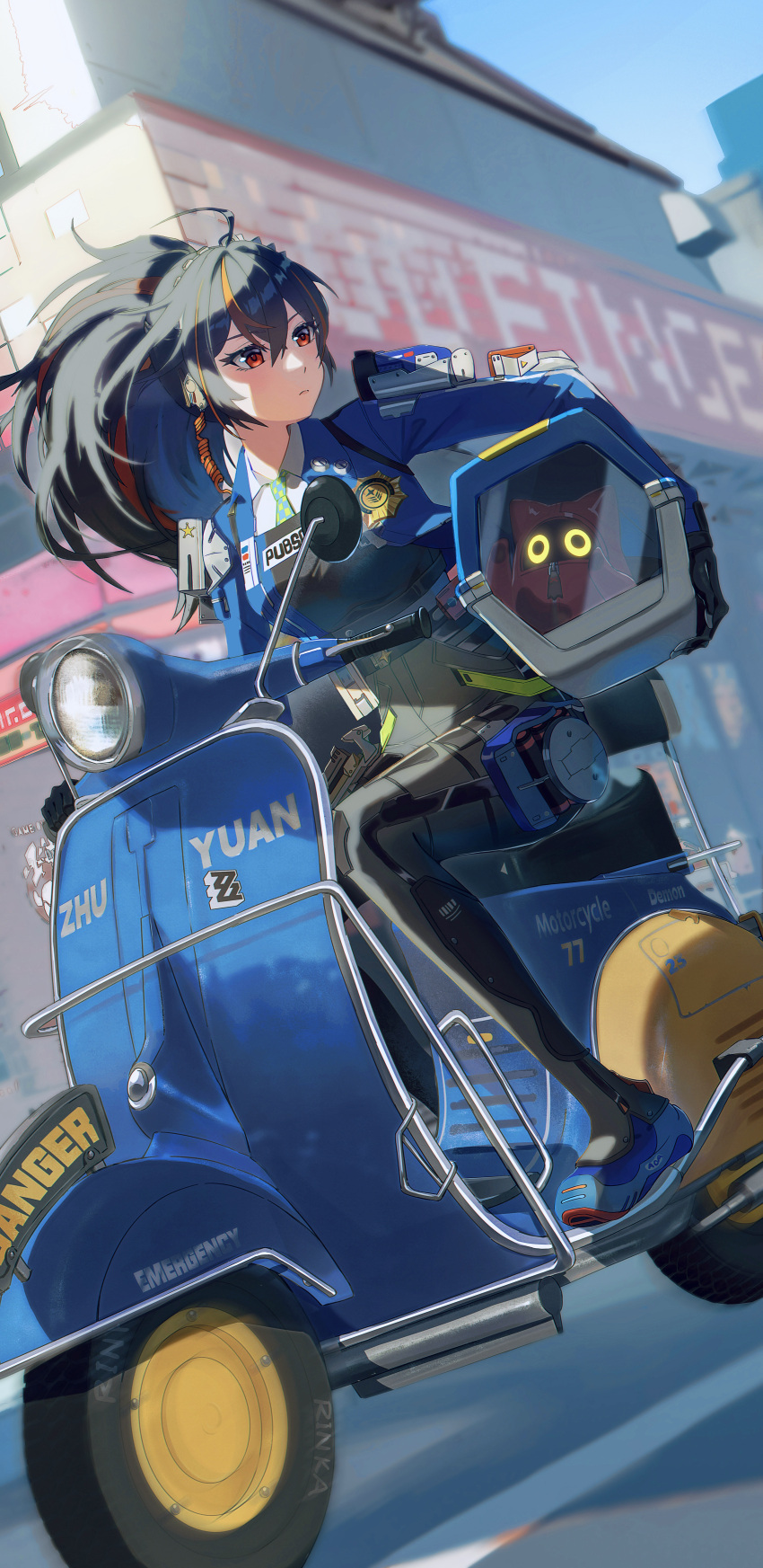 1girl, absurdres, belt, black_belt, blue_jacket, blue_sky, breasts, carrying