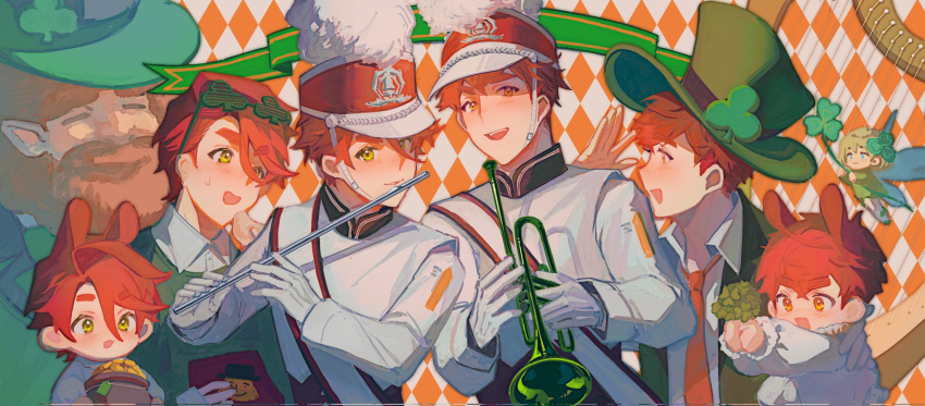 1other, 6+boys, age_comparison, aged_down, argyle_background, axis_powers_hetalia, band_uniform, banner, beard, child, closed_eyes, clover, collared_shirt, facial_hair, fairy, flute, hair_between_eyes, harp, hat, highres, holding, holding_instrument, holding_trumpet, instrument, ireland_(hetalia), jacket, krank327, leprechaun, looking_at_viewer, male_focus, multiple_boys, music, mustache, necktie, northern_ireland_(hetalia), open_mouth, orange_eyes, playing_flute, playing_instrument, plume, pointy_ears, rabbit_boy, redhead, sash, shako_cap, shamrock, shirt, short_hair, smile, sweatdrop, sweater, thick_eyebrows, thick_mustache, top_hat, trumpet, white_jacket, white_shirt