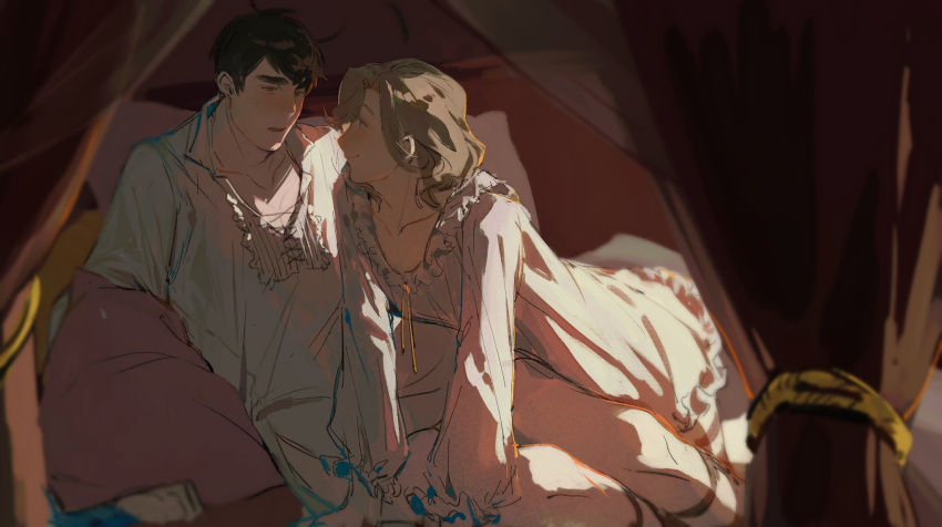 2boys, ahoge, axis_powers_hetalia, bed, blonde_hair, brown_hair, curtains, france_(hetalia)