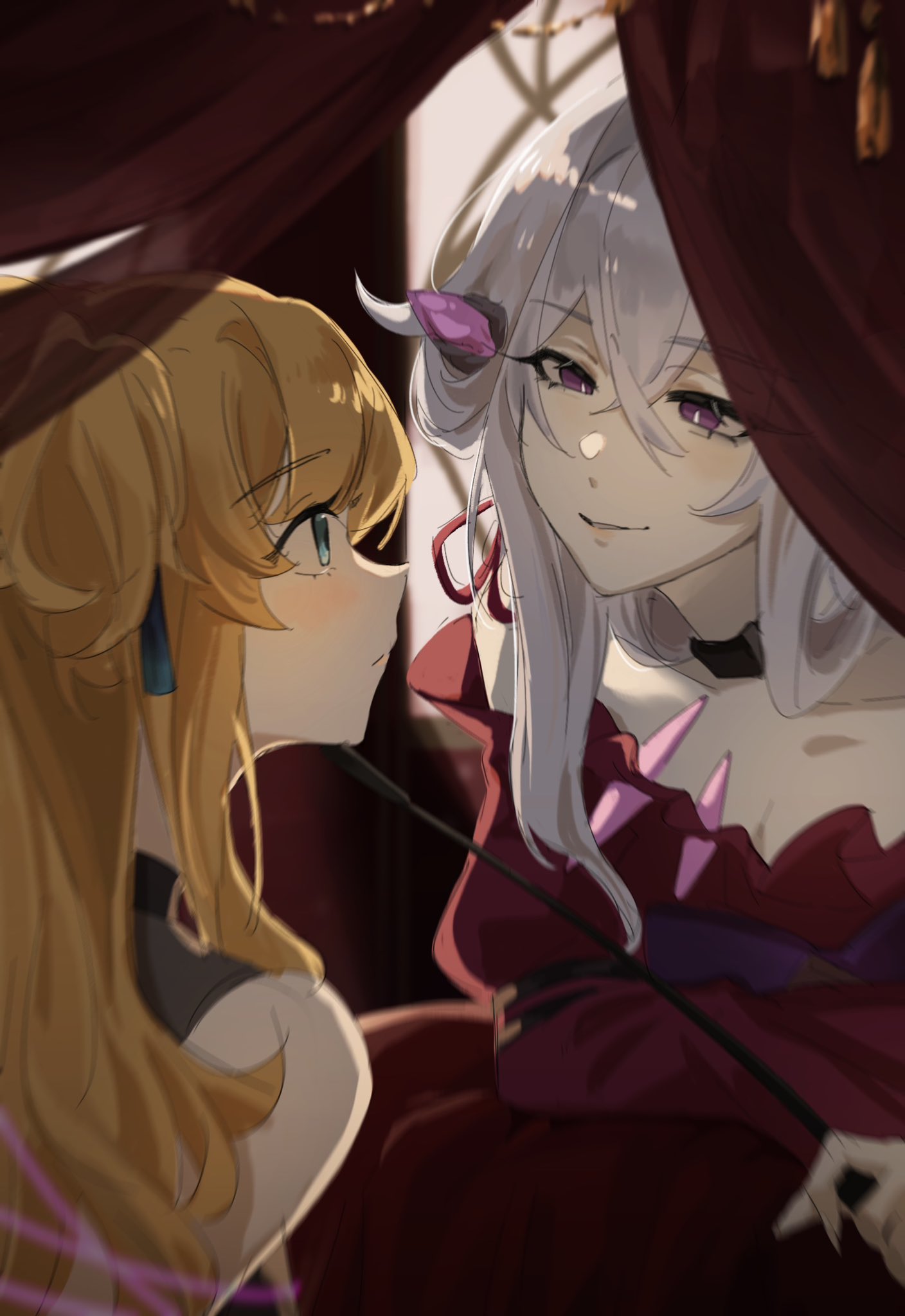 2girls, bed_sheet, black_choker, blonde_hair, choker, double_bun, green_eyes, hair_bun