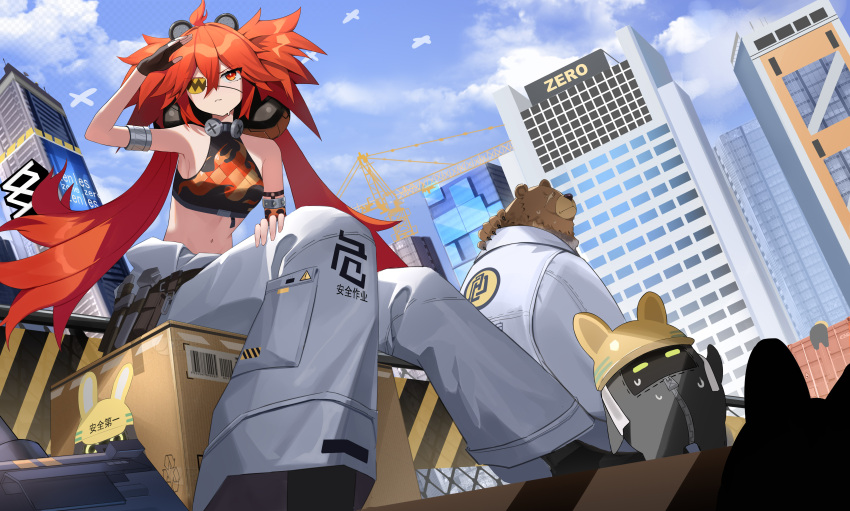 1boy, 1girl, absurdres, ahoge, armlet, baggy_pants, bangboo_(zenless_zone_zero), bare_shoulders
