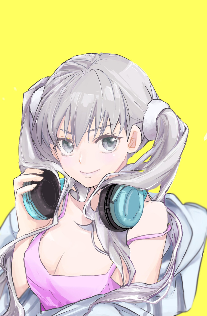 1girl, bakemonogatari, bare_shoulders, breasts, choppy_bangs, from_above, green_eyes, grey_hair, hair_ornament, hair_scrunchie, headphones, highres, long_hair, looking_at_viewer, medium_breasts, monogatari_(series), oikura_sodachi, pink_shirt, scrunchie, shirt, simple_background, smile, solo, strap_slip, twintails, upper_body, usa003uni, yellow_background