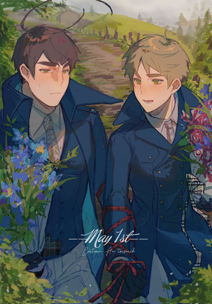 2boys, ahoge, anger_vein, axis_powers_hetalia, black_gloves, blonde_hair, blue_coat, bound