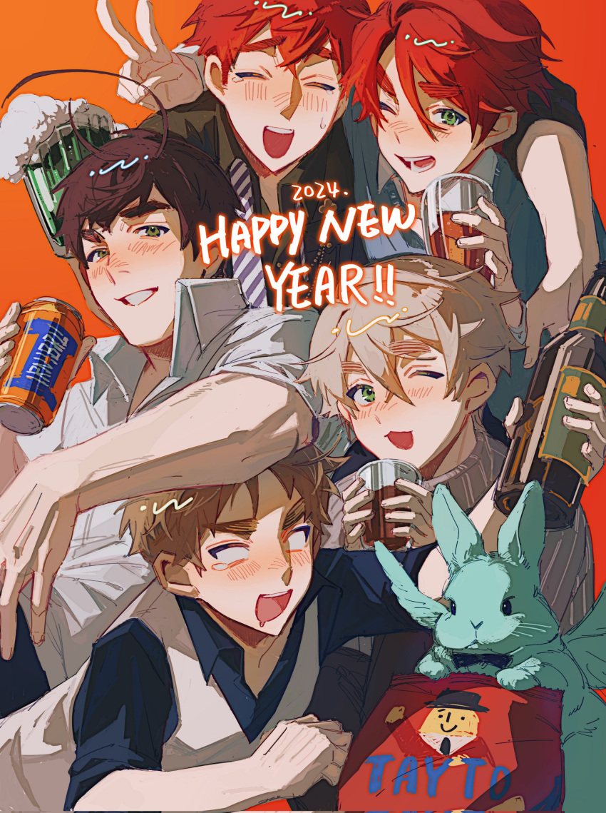 5boys, alcohol, arm_around_shoulder, arm_on_another's_head, axis_powers_hetalia, blonde_hair, blue_eyes, blush