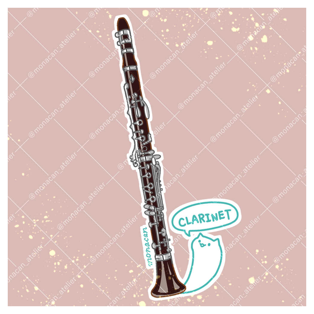 artist_name, border, cat, clarinet, instrument, monacan_atelier, no_humans, original, pink_background, speech_bubble, watermark, white_border