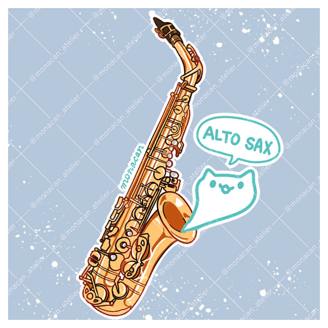 alto_saxophone, artist_name, blue_background, border, cat, instrument, monacan_atelier, no_humans