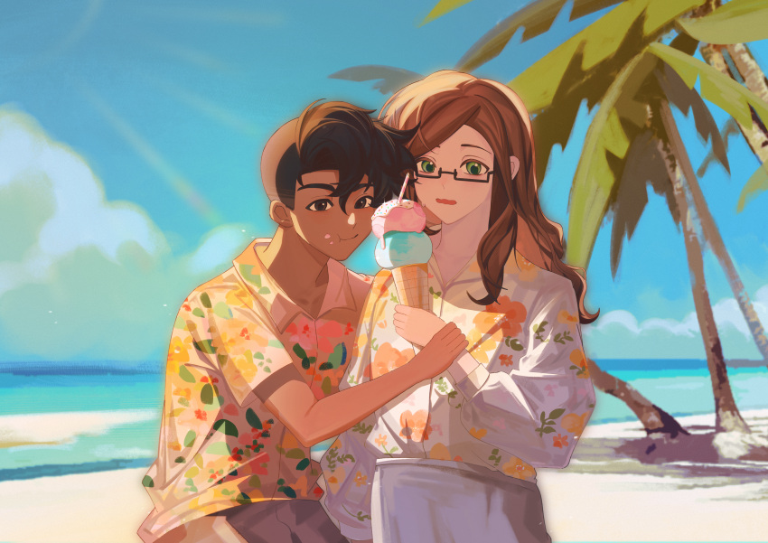 2boys, absurdres, androgynous, animification, badboyhalo, beach, black_hair, blush, brown_hair, chinese_commentary, cihuabinggan, clouds, commentary_request, dark-skinned_male, dark_skin, food, glasses, green_eyes, hawaiian_shirt, highres, holding, holding_food, ice_cream, ice_cream_cone, long_hair, male_focus, minecraft_youtube, multiple_boys, ocean, open_mouth, outdoors, palm_tree, real_life, shirt, skeppy, sky, tree