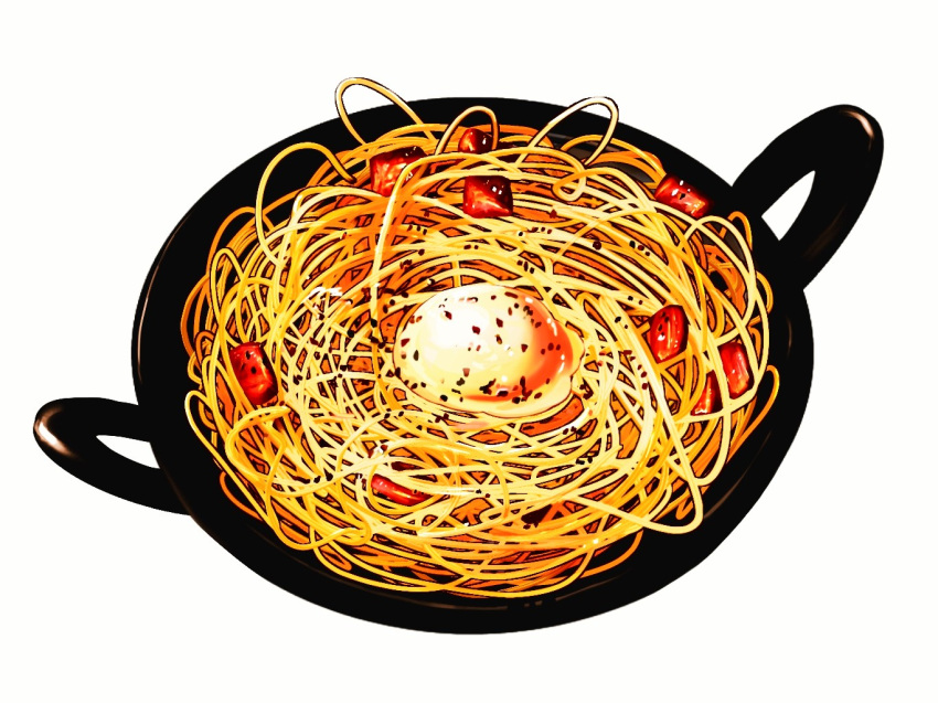 bacon, carbonara_(food), food, food_focus, frying-ammonite, no_humans, original, pasta