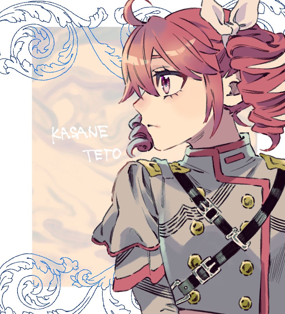 1girl, border, buttons, closed_mouth, double-breasted, drill_hair, grey_jacket, hair_ribbon