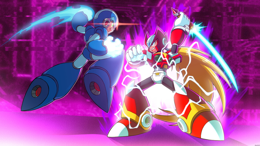 2boys, absurdres, android, armor, aura, battle, blue_armor, blue_helmet