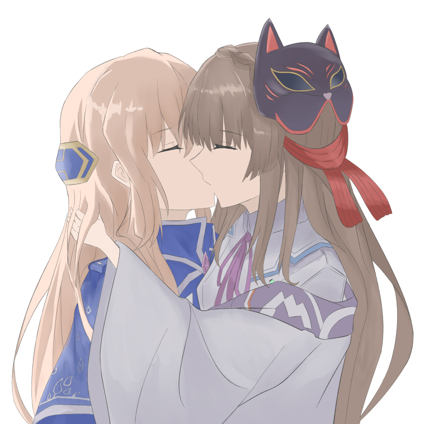 2girls, absurdres, blonde_hair, braid, brown_hair, capelet, crown_braid, fox_mask