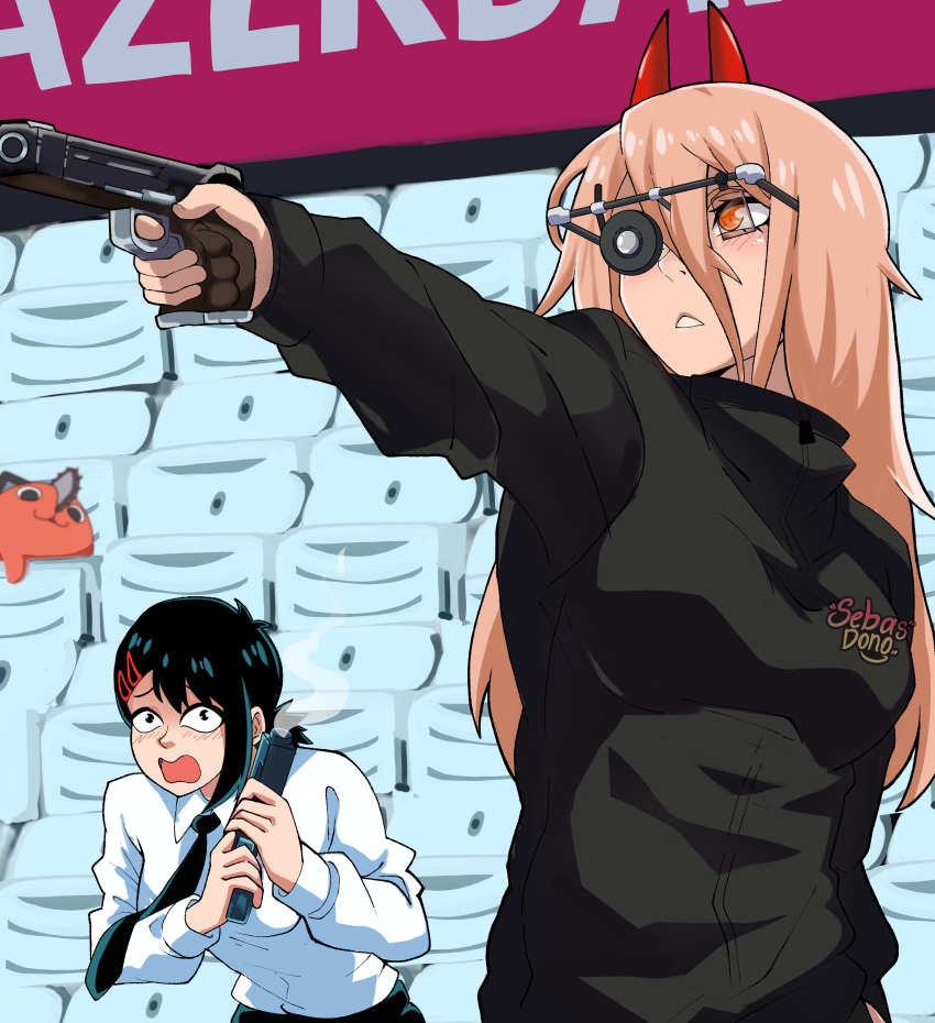 2024_summer_olympics, 2girls, absurdres, black_eyes, black_hair, black_jacket, black_necktie, chainsaw_man, gun, handgun, higashiyama_kobeni, highres, holding, holding_gun, holding_weapon, horns, jacket, kim_yeji, long_hair, long_sleeves, multiple_girls, necktie, olympics, orange_eyes, orange_hair, pochita_(chainsaw_man), power_(chainsaw_man), sebasdono, shirt, upper_body, weapon, white_shirt
