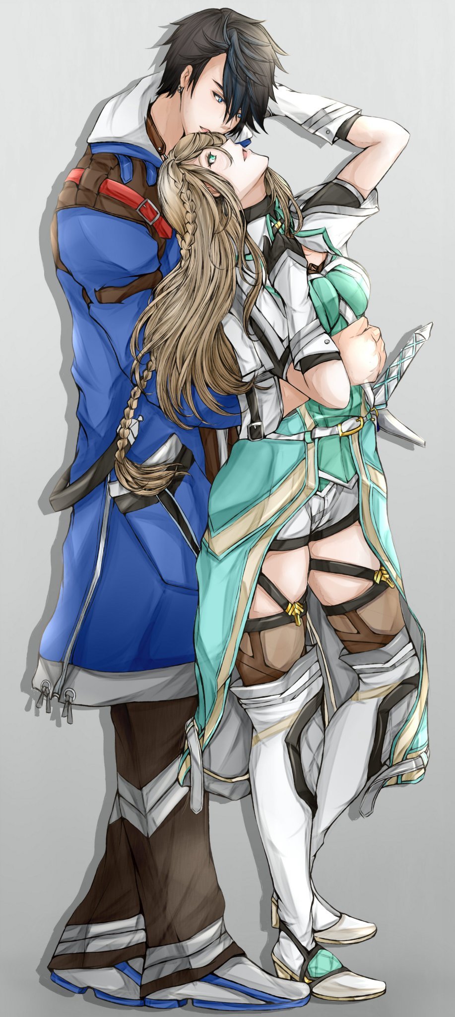 1boy, 1girl, black_gloves, black_hair, blonde_hair, blue_eyes, boots, coat