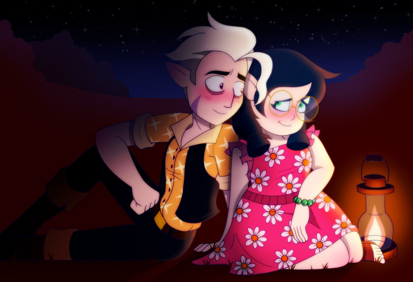 1boy, 1girl, bare_arms, bare_legs, bare_shoulders, belt, black_pants, blush