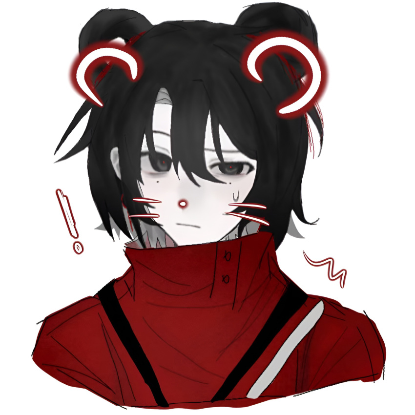 !, 1girl, :/, black_eyes, black_hair, chinese_commentary, closed_mouth, colored_skin