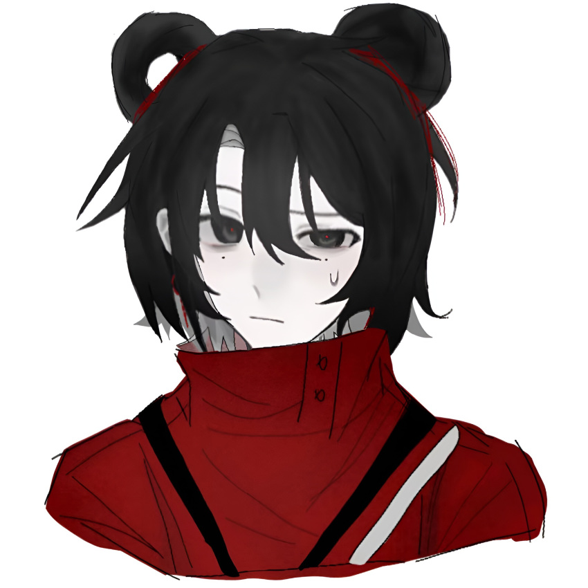 1girl, :/, black_eyes, black_hair, chinese_commentary, closed_mouth, colored_skin, commentary_request