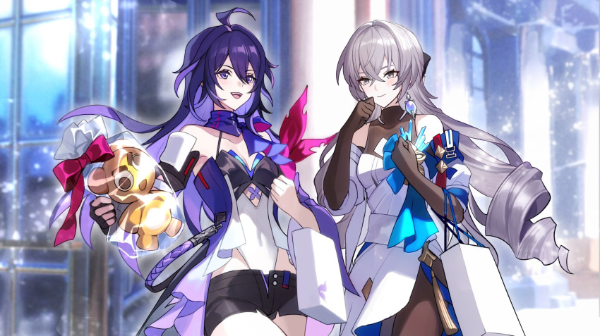 2girls, :d, ahoge, bag, bare_shoulders, black_gloves, black_pantyhose, black_shorts