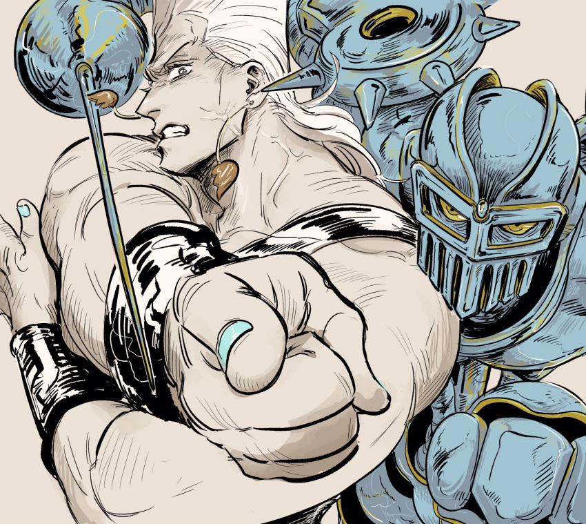 1boy, angry, armor, black_wristband, blue_nails, broken_heart, clenched_teeth, colored_sclera, earrings, fingernails, flattop, full_armor, heart, heart_earrings, highres, inkmorechatta, jean_pierre_polnareff, jewelry, jojo_no_kimyou_na_bouken, limited_palette, male_focus, muscular, muscular_male, nail_polish, pointing, pointing_at_viewer, profile, rapier, shoulder_spikes, silver_chariot, spikes, stand_(jojo), stardust_crusaders, sword, tall_hair, teeth, v-shaped_eyebrows, veins, veiny_face, veiny_neck, weapon, white_hair, yellow_eyes, yellow_sclera