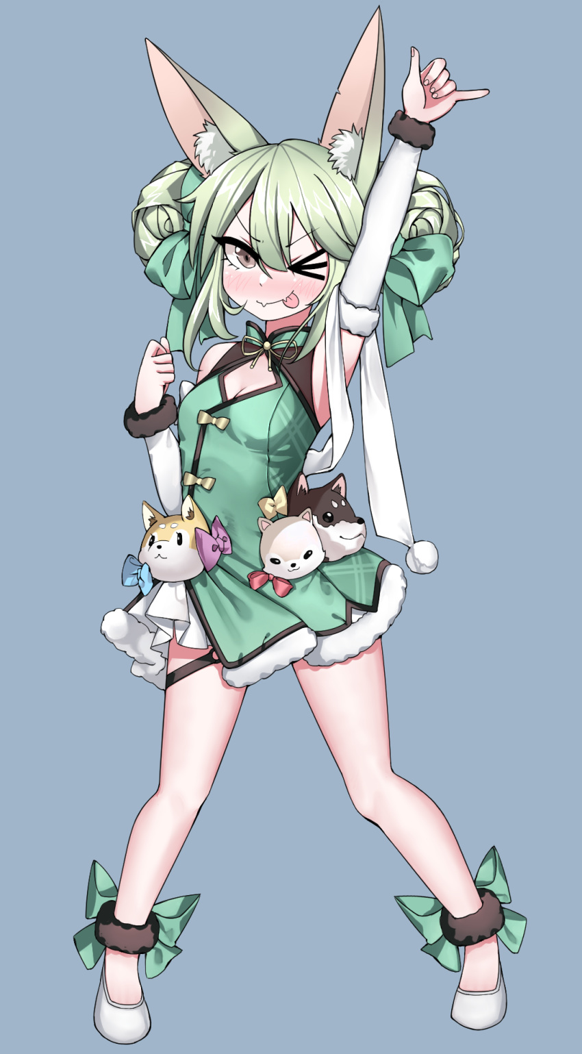 1girl, ;p, animal_ear_fluff, animal_ears, art556_(girls'_frontline), art556_(white_cabbage)_(girls'_frontline), bare_legs, bare_shoulders