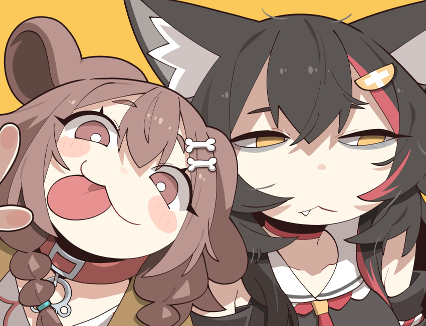 2girls, :3, absurdres, animal_ear_fluff, animal_ears, black_hair, blush, bone_hair_ornament