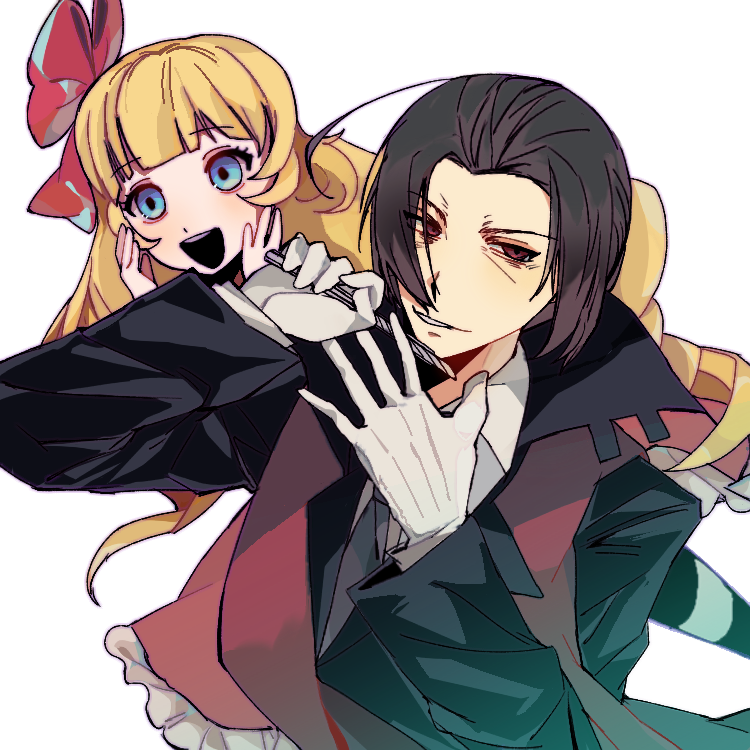 1boy, 1girl, black_hair, black_jacket, blonde_hair, blue_eyes, bungou_stray_dogs, chinese_commentary