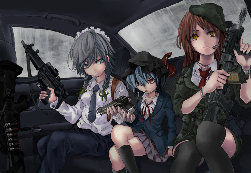 absurdres, assault_rifle, beretta_92, blue_eyes, car, car_interior, cigarette, contemporary