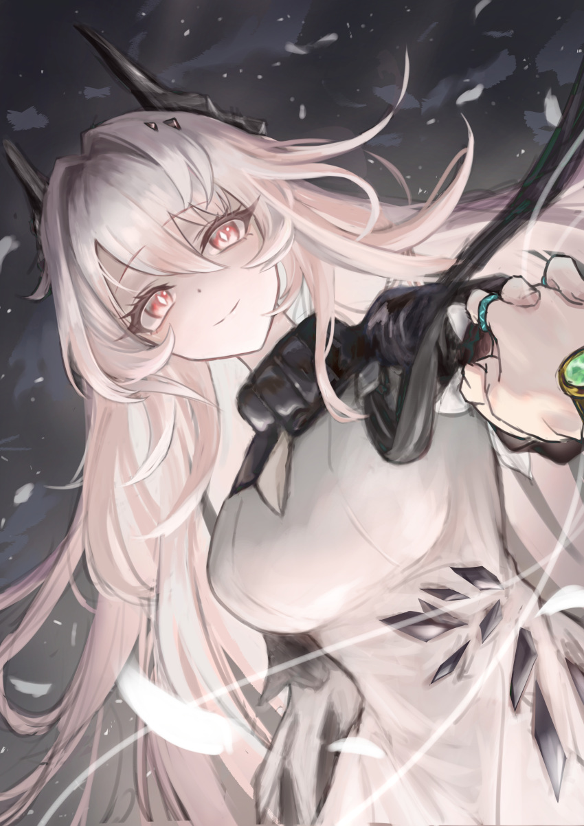 2girls, absurdres, arknights, c113oreo, closed_mouth, commentary_request, demon_horns, dress