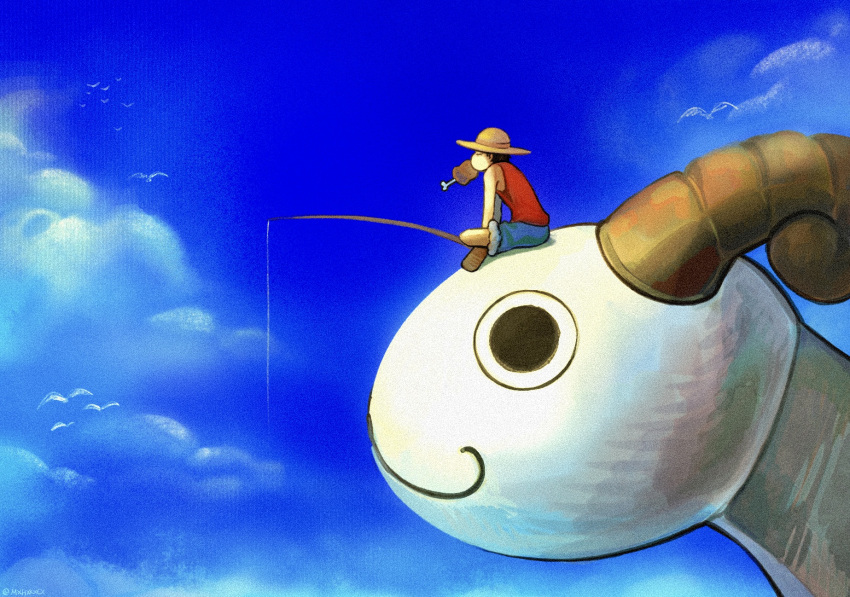 1boy, bare_shoulders, bird, black_hair, blue_shorts, blue_sky, boned_meat, clouds, cloudy_sky, day, english_commentary, fishing_rod, food, food_in_mouth, full_body, fur-trimmed_shorts, fur_trim, going_merry, hat, highres, holding, holding_fishing_rod, indian_style, male_focus, meat, monkey_d._luffy, mxhxkxcx, one_piece, outdoors, pirate_ship, red_vest, sandals, shorts, sitting, sky, solo, straw_hat, vest