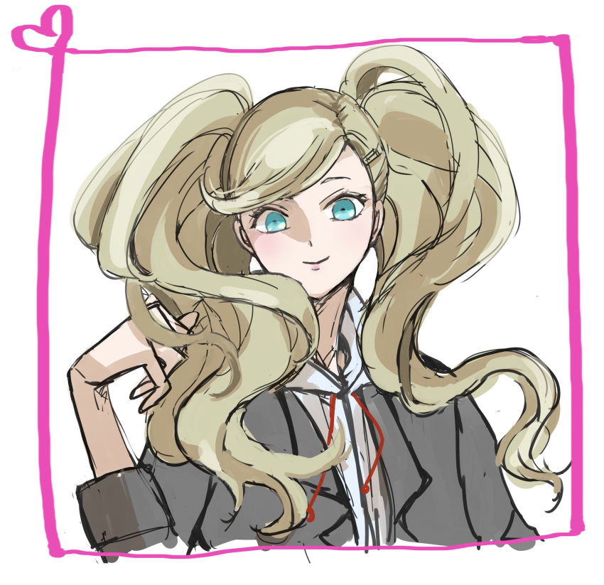 1girl, blonde_hair, blue_eyes, highres, hood, hoodie, ki_wa001, persona, persona_5, simple_background, solo, swept_bangs, takamaki_anne, twintails, upper_body, white_background