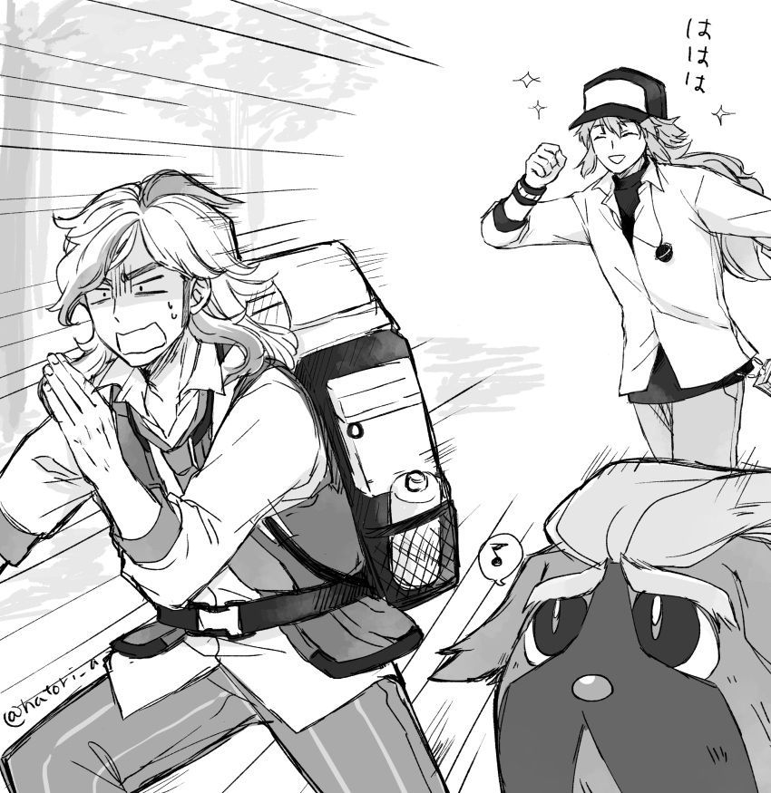 2boys, arven_(pokemon), baseball_cap, chasing, collared_shirt, fleeing, greyscale, hair_over_one_eye