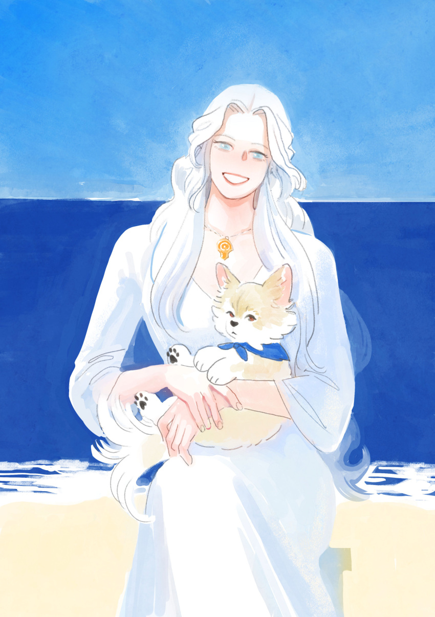 1girl, absurdres, alternate_costume, animal, animal_on_lap, animalization, blue_eyes, blue_sky