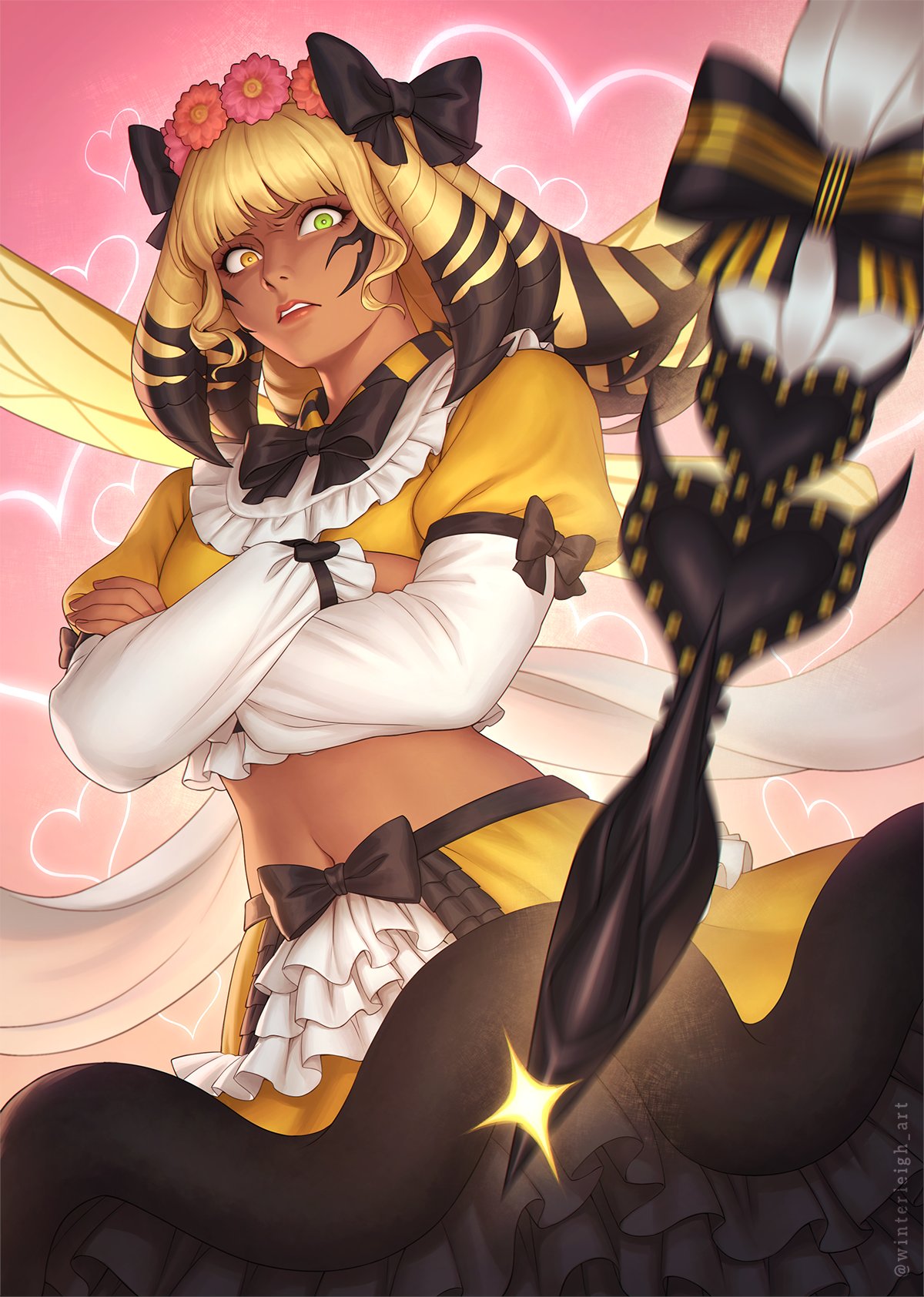 1girl, angry, arthropod_girl, artist_name, bee_girl, bee_wings, black_bow, black_bowtie