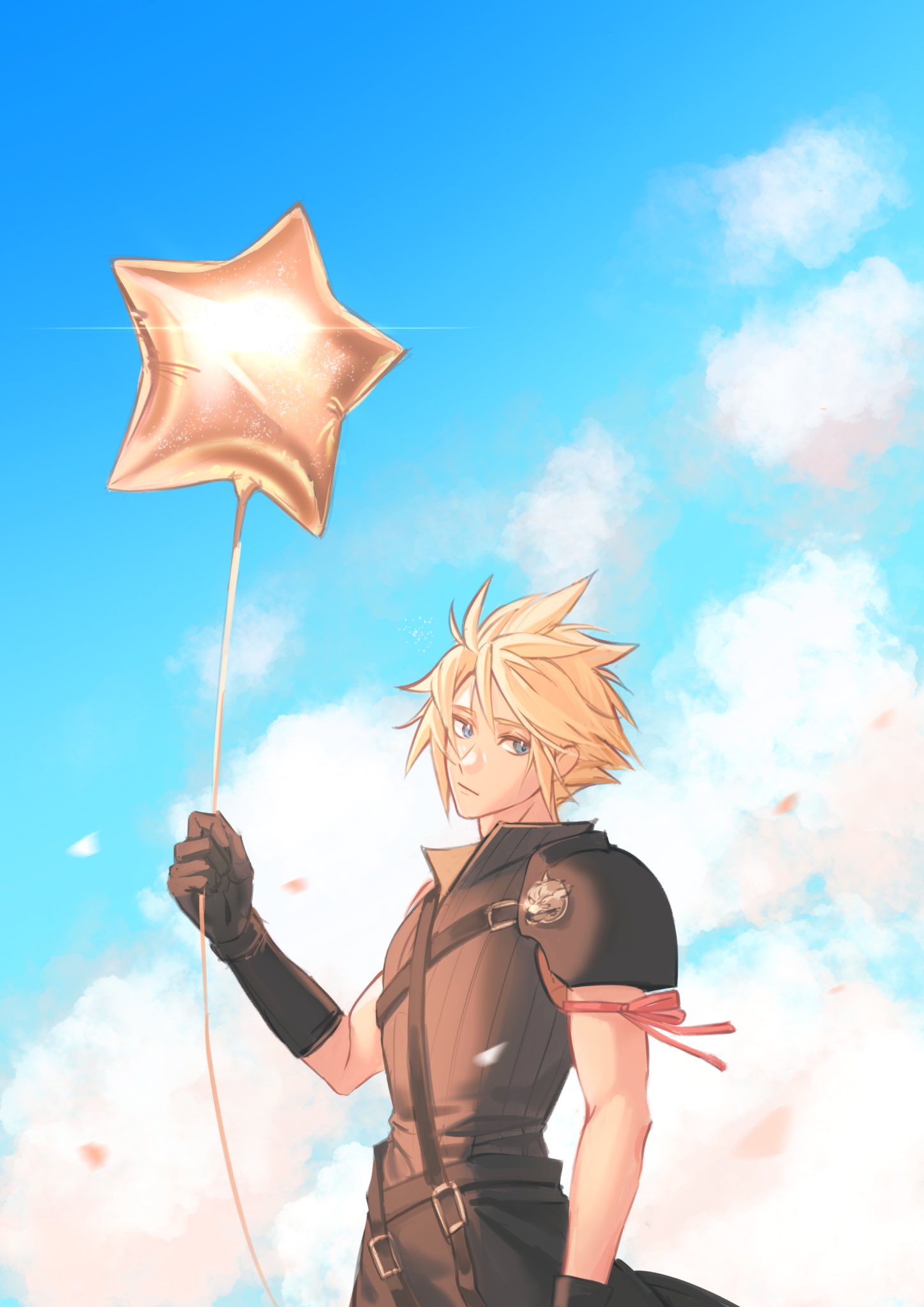 1boy, arm_ribbon, armor, balloon, belt, blonde_hair, blue_eyes, chest_strap, cloud_strife, clouds, cloudy_sky, english_commentary, final_fantasy, final_fantasy_vii, final_fantasy_vii_advent_children, gloves, high_collar, highres, holding, holding_balloon, male_focus, multiple_belts, open_collar, outdoors, pauldrons, pink_petals, ribbon, shirt, short_hair, shoulder_armor, single_pauldron, single_shoulder_pad, sky, spiky_hair, star_balloon, upper_body, vy7437