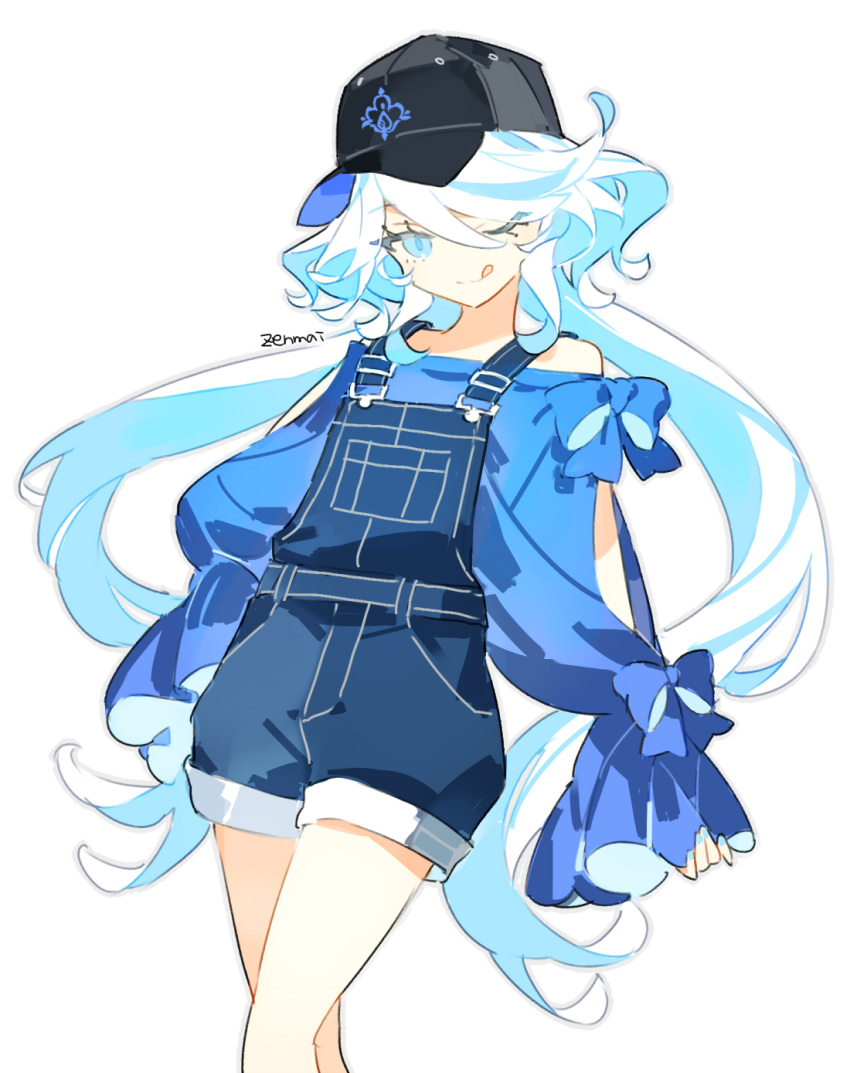 1girl, ;p, alternate_costume, arm_cutout, bare_legs, baseball_cap, blue_eyes, blue_hair, blue_overalls, blue_shirt, commentary, cowboy_shot, cyenmi3, furina_(genshin_impact), genshin_impact, hat, highres, light_blue_hair, long_hair, long_sleeves, one_eye_closed, outline, overalls, shirt, signature, simple_background, single_bare_shoulder, sleeves_past_wrists, solo, tongue, tongue_out, white_background