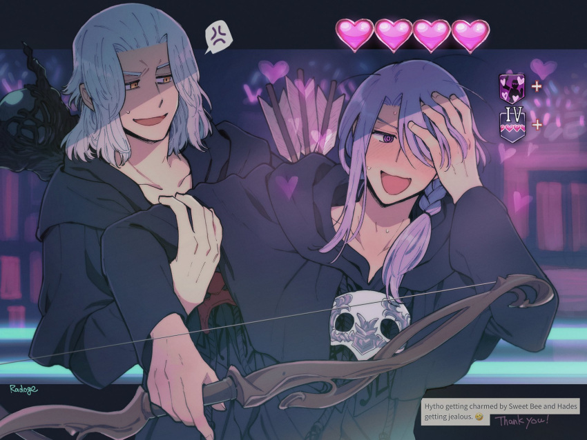 2boys, anger_vein, black_capelet, black_robe, blush, bow_(weapon), braid, capelet
