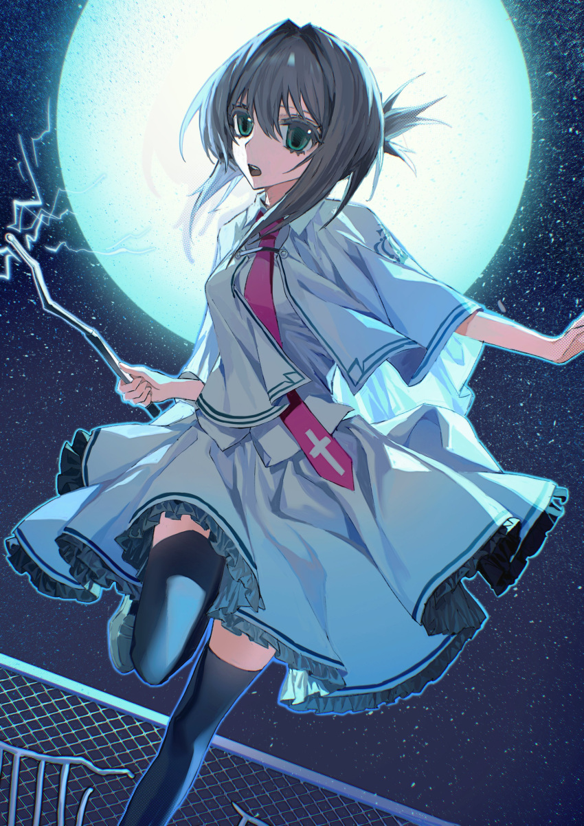1girl, absurdres, backlighting, black_thighhighs, brown_hair, capelet, collared_shirt, colored_eyelashes